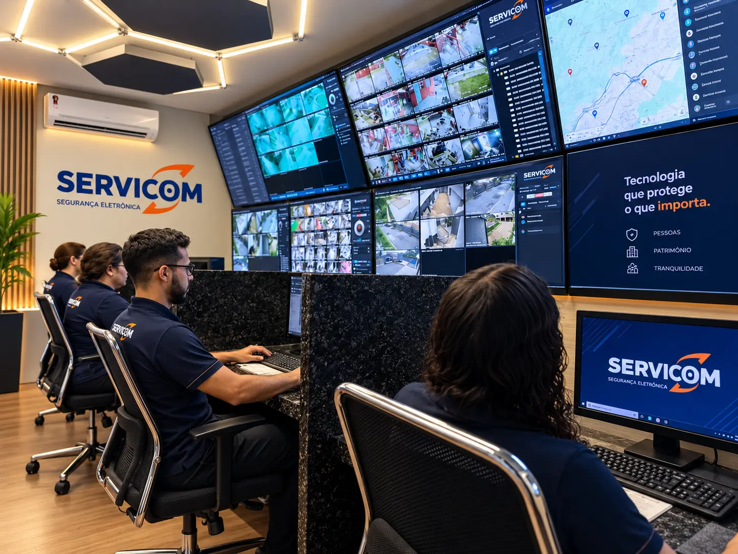 Operadores na central de monitoramento própria da Servicom em Ipatinga, acompanhando câmeras 24 horas