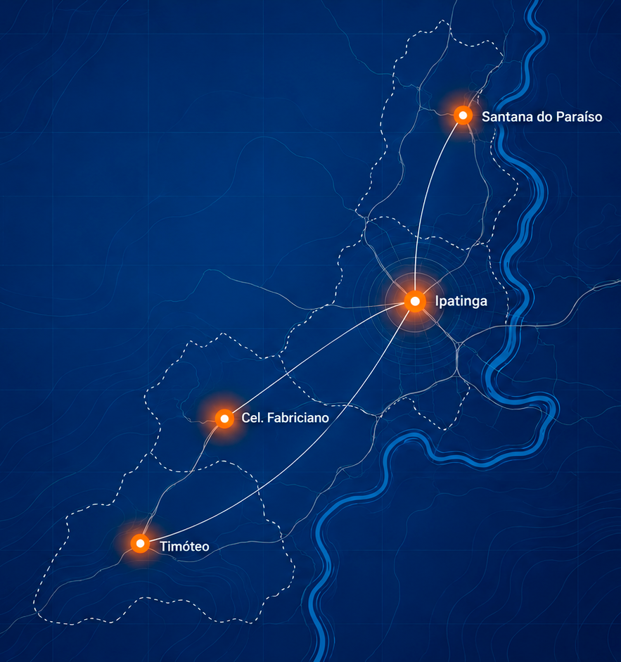 Mapa do Vale do Aço com as cidades atendidas pela Servicom: Ipatinga, Santana do Paraíso, Coronel Fabriciano e Timóteo